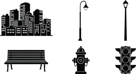 Set of 6 urban elements silhouette city building street lamp park bench hydrant and traffic light