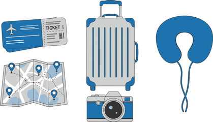 Set of 5 travel essentials flat vector airline ticket luggage map camera and neck pillow