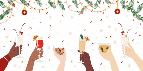 Cheers to the holidays festive drinks and celebratory hands raised in toast © John Lee