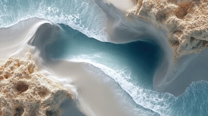 Fototapeta premium Aerial view of a beach with waves crashing onto the shore. the water is a deep blue color and the sand is a light beige color.