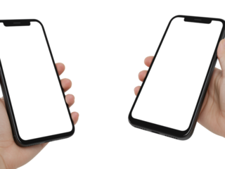 Two hands holding modern smartphones with blank white screens transparent background
