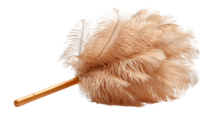 Feather duster with a wooden handle, cleaning household items and surfaces, transparent background for design