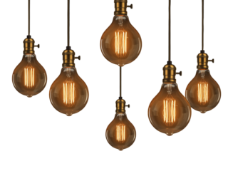 Vintage edison bulbs hanging in a row with warm glowing filaments transparent background