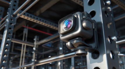 Fototapeta premium Close-up of a camera mounted on a metal structure. the camera is black in color and has a small lens attached to it.