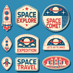 Vintage space exploration patches and badges retro rocket and planet designs © John Lee
