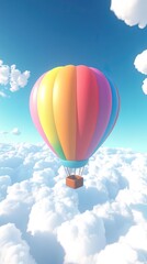 Obraz premium Whimsical Rainbow Hot Air Balloon Floating Above Puffy Clouds in a Bright Blue Sky