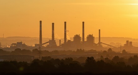 Industrial skyline at sunrise, with silhouettes of plants and towering chimneys against the sky.