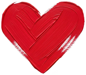 A vibrant, textured, hand-painted red heart shape, rendered in a thick impasto style with visible brushstrokes and a slightly rough surface, appears to be, isolated on transparent background.
