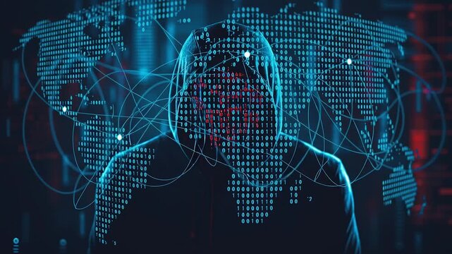 Hacker are planning to hack and attack networks and cyber security systems and stands on the peak of success amid tall, innovative Smart city and graphs with statistics to analyze business potential