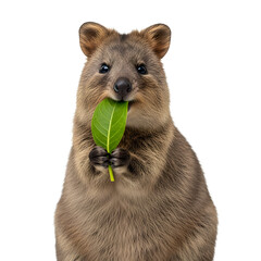 Quokka eating green leaf, looking at camera in studio