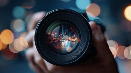 Photographer capturing cityscape through camera lens at night.