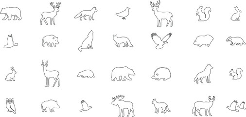 Fototapeta premium Black forest animal icon set in line style, wildlife silhouette and outline collection with deer, bear, wolf and bird symbols, minimal monochrome nature vector graphic group