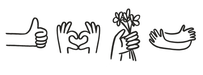 Hand symbols illustration set thumbs up love heart holding flowers and hugging icons doodle style cartoon black color png vector art