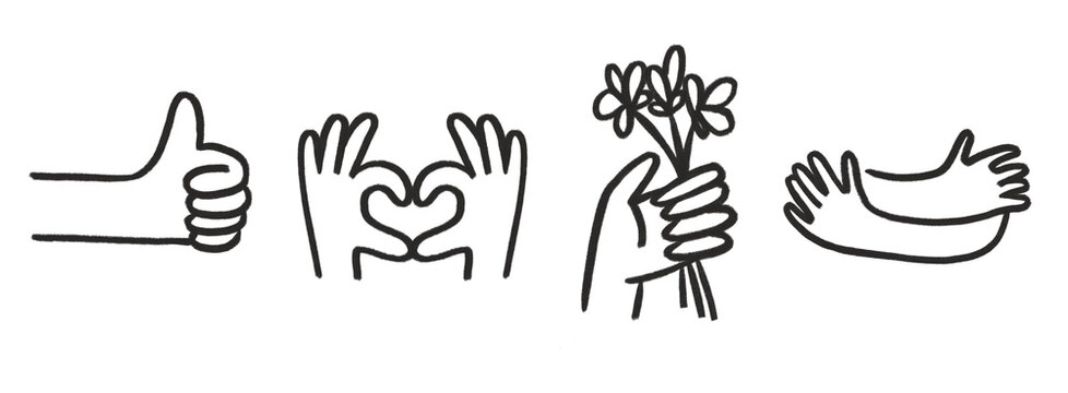 Hand symbols illustration set thumbs up love heart holding flowers and hugging icons doodle style cartoon black color png vector art