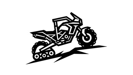 Stylized Black and White Illustration of an Adventure Motorcycle on a Rocky Terrain.