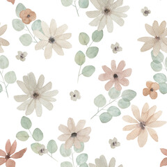 Watercolor seamless pattern with eucalyptus branches and flowers . Hand drawn illustration on white background