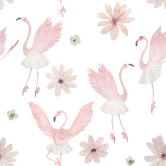 Watercolor seamless pattern with flamingos and flowers . Hand drawn illustration on white background