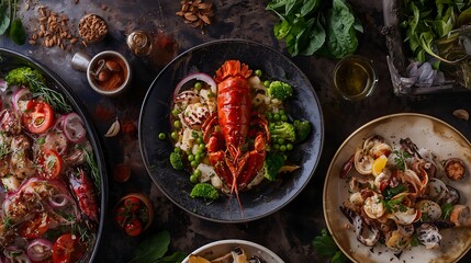 Healthy Gourmet Meal with Lobster, Broccoli, and Cherry Tomatoes