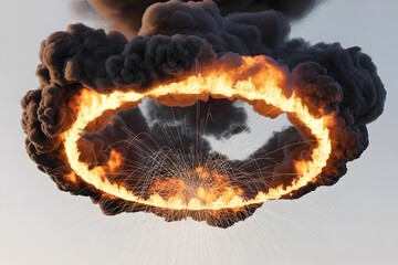 Dramatic explosion with fiery ring and dark smoke clouds in air