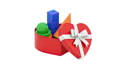 Heart-shaped gift box filled with colorful geometric toys