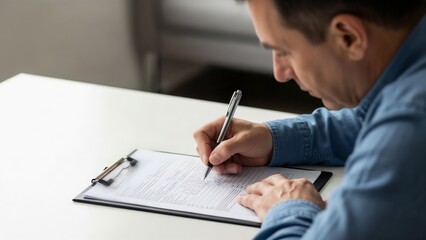 Man filling health questionnaire while sitting at a table indoors  