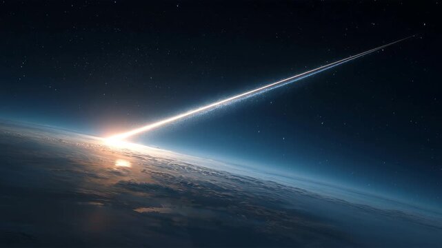 蒼い宇宙を横切る長い流星の光、壮大な天体風景