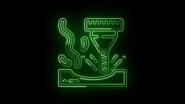 Glowing neon line milling machine icon with mechanical animation. CNC tool illustration HD video isolated on black background.
