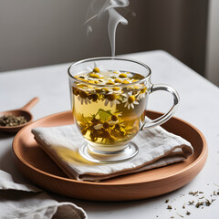 Obraz premium Chamomile Herbal Tea in Glass Cup on Wooden Tray, Cozy Morning Aesthetic