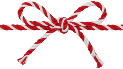 A festive, intricately tied red and white striped candy cane rope bow with a swirling, looped design and a textured, twisted appearance, gracefully arranged, isolated on transparent background.