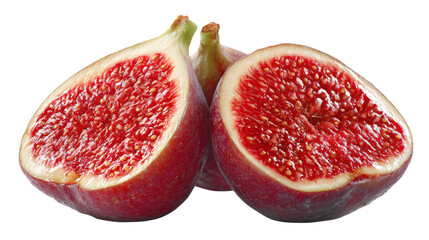 Fresh figs sliced in half showing juicy red pulp and small seeds, ripe organic fruit on transparent background