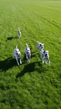 Dalmatian Dogs Running Across a Green Field on a Sunny Day.