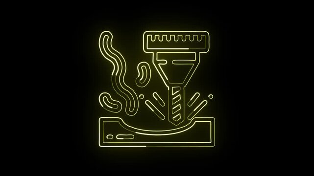 Glowing neon line milling machine icon with mechanical animation. CNC tool illustration HD video isolated on black background.