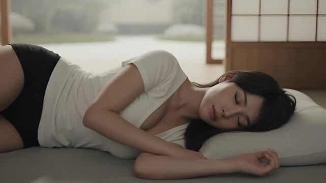 Beautiful Young Asian Woman Sleeping Peacefully in Traditional Japanese Ryokan