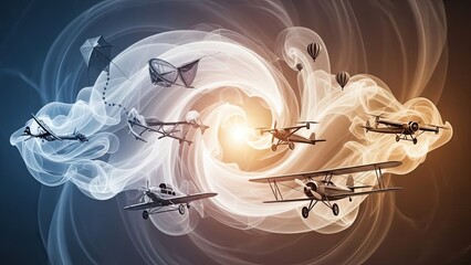 Abstract heart shaped smoke rising from a retro glass light bulb with white technology equipment and blue old audio tape isolated on a washing machine