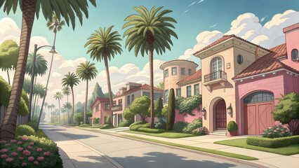 Fototapeta premium Palm Trees and Pastel Houses