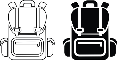 Black travel bag icon set in flat and line style, luggage symbol collection featuring backpacks, suitcases and trolley group, minimal monochrome baggage vector illustration pack with synonym elements