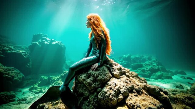 Beautiful red-haired mermaid sitting on a rock. Beautiful mermaid with a tail lives under clear water