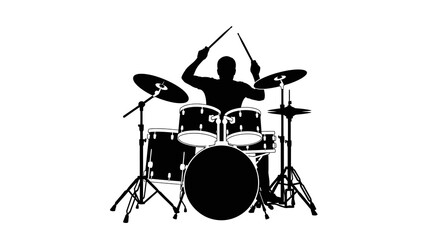 Silhouette of a drummer playing a drum kit on a white background