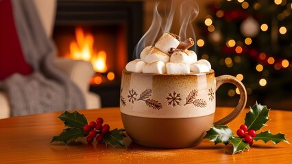 Cozy Christmas Hot Chocolate with Marshmallows and Cinnamon in Front of Fireplace, Winter Holiday Still Life with Holly Berries