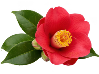 Vibrant red camellia bloom isolated on transparent background