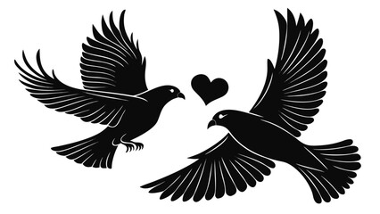Fototapeta premium Two birds in flight are facing each other with a heart between them a striking silhouette