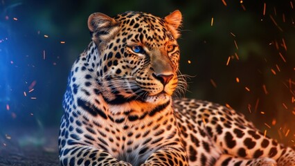 Majestic leopard with piercing blue eyes amidst fiery sparks in dark background