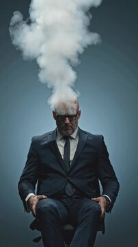 Bald businessman in a dark suit sits with head down as thick white smoke rises from his head. A surreal visual metaphor for burnout, overwork, or extreme mental stress