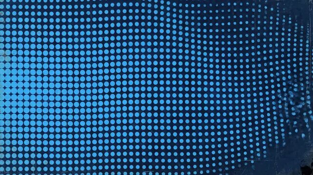 Blue dots in a distorted grid formation on a dark blue background, reminiscent of halftone printing effect