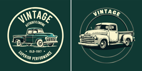 Obraz premium Collection of two distinct vintage pickup truck illustrations framed with classic circular emblems and bold typography elements.