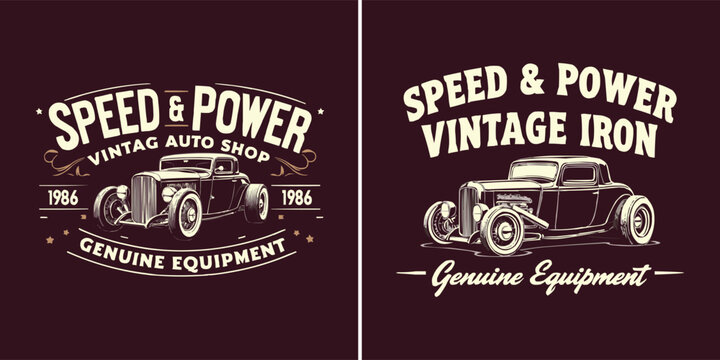 Vintage hot rod auto shop emblem designs featuring speed power and genuine equipment motifs for apparel or branding