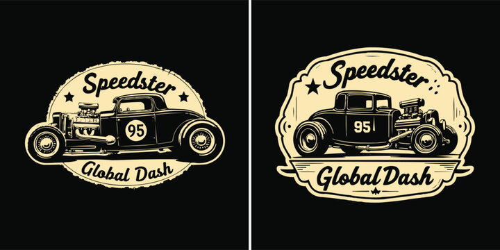 Vintage hot rod emblem featuring a classic modified coupe with exposed engine and race number ninety five perfect for apparel design.