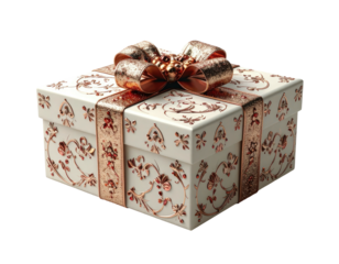 Ornate gift box with ribbon and floral detailing against black background