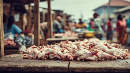 Freshly Prepared Chicken Meat for Sale at a Bustling Outdoor Market.