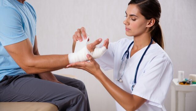 Rehab clinic close-up therapist wrapping bandage on injured ankle, clean medical setting photo - Powered by Adobe